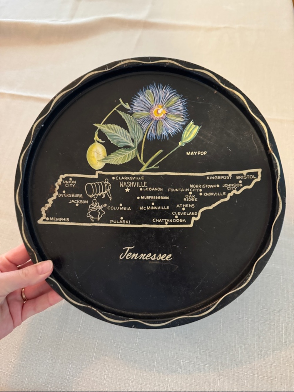 Vintage Tennessee State Decorative Tray - Black with Floral Accent